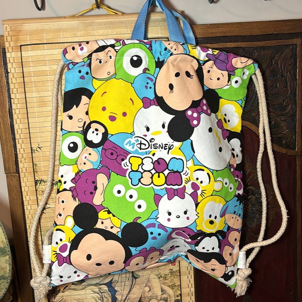 Disney Tsum Tsum Cinch Top Character Canvas Backpack w Handle Straps EUC